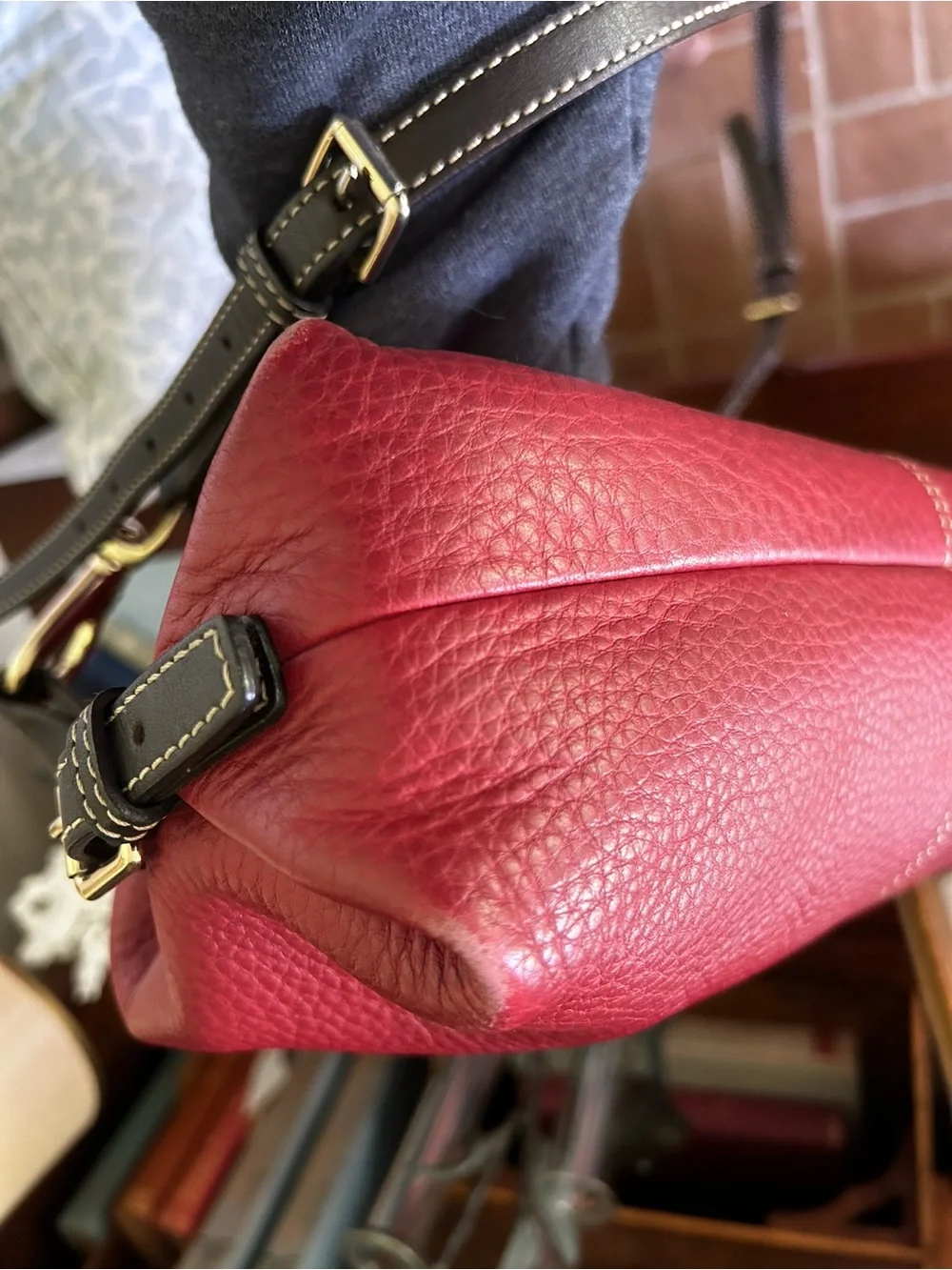 Dooney & Bourke Pebble Leather Hobo Bag in Red with Dark Brown Trim